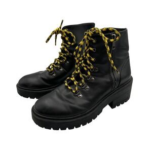 Skechers Platform Ankle Boots Black Yellow Lace Up Combat ChunkyWomen 7.5 Grunge